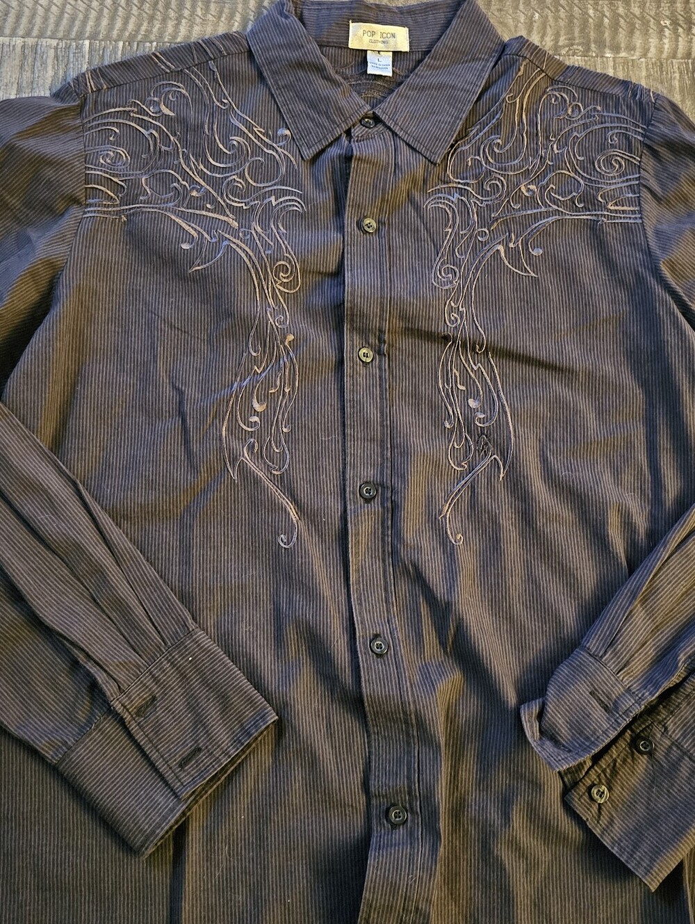 Embroidered Western Pop Icon Mens Grey Button Shirt Striped Y2K Rockabilly Large